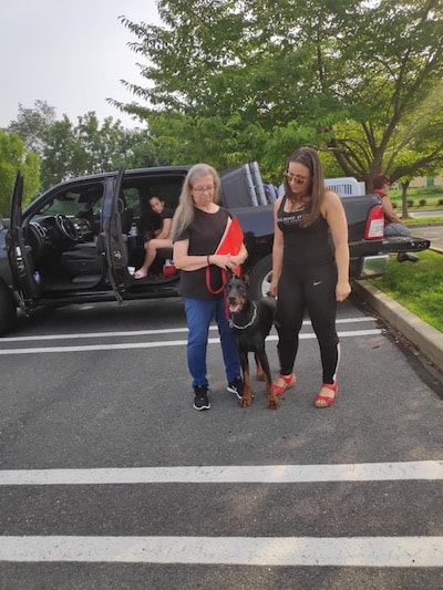 Doberman trained for Personal Protection Dog standing proudly with two lady