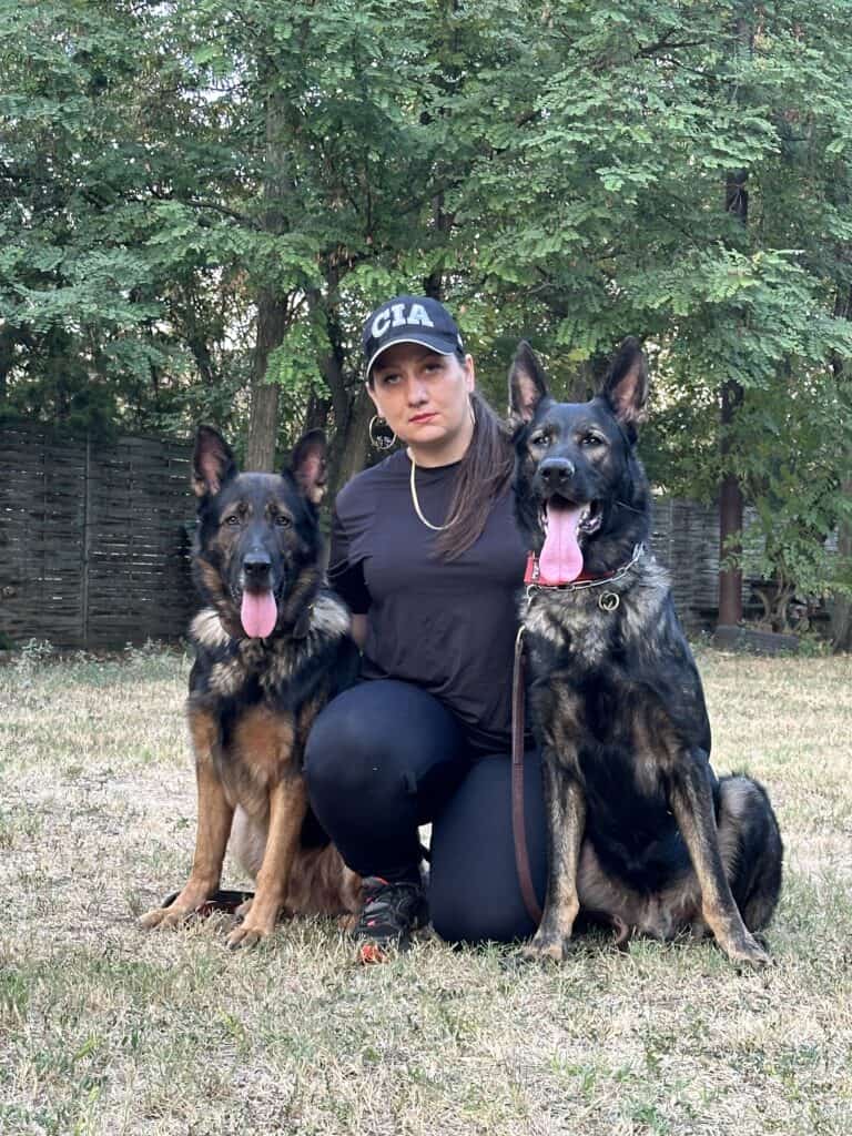 A Woman confidently holding his alertly barking Protection Dog, ready to defend her from potential threats.