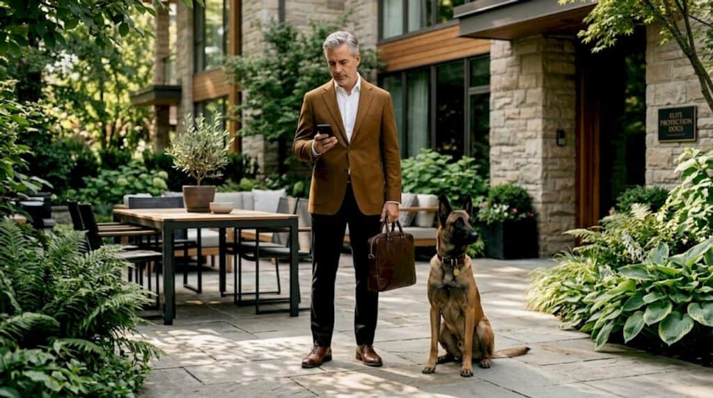 Executive with protection dog in building lobby