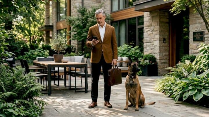 Executive with protection dog in building lobby
