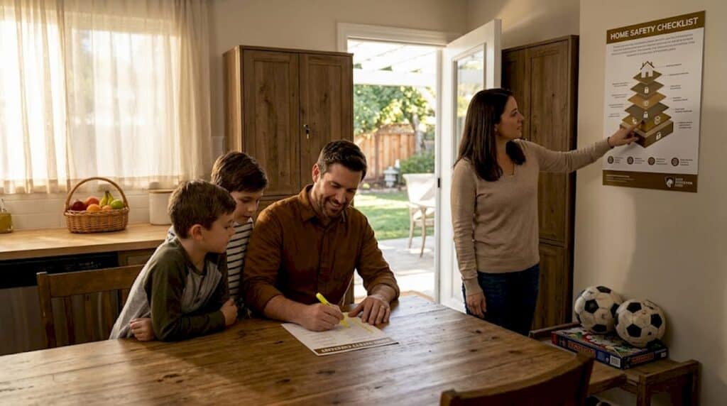 Family reviewing home security checklist together