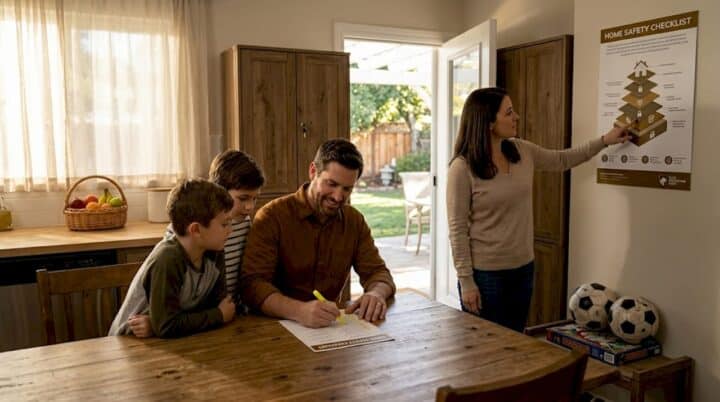 Family reviewing home security checklist together