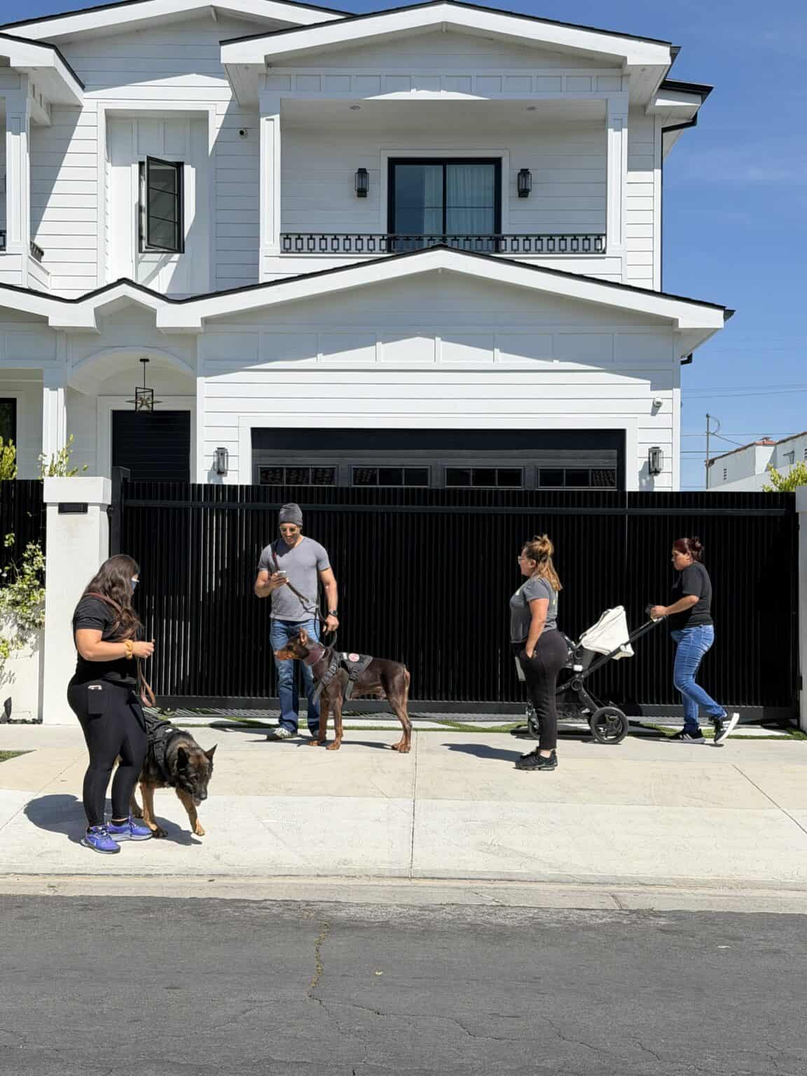 Family and protection dog in home entryway
