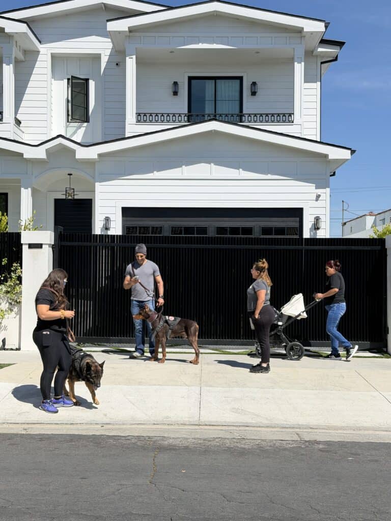 Family and protection dog in home entryway
